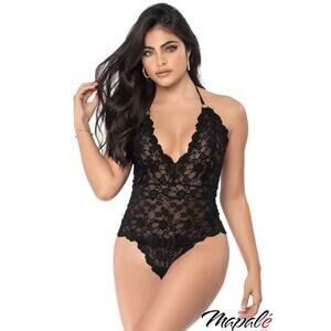 MAPALE Women's Lace Teddy Black Small Embroidered Floral V Neck Tie Neck NWOT